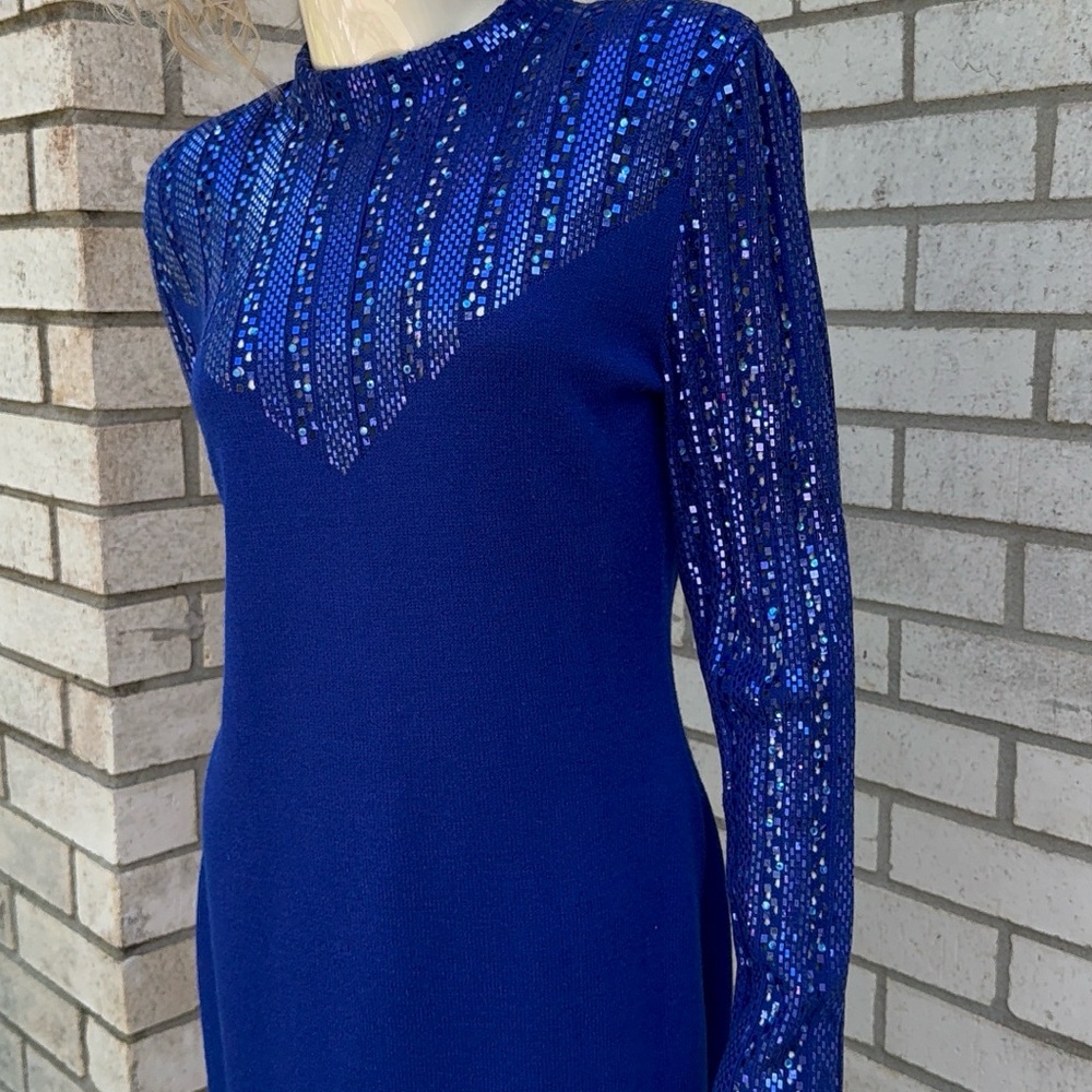 St. John Cobalt Blue Sequin-Trim Long Sleeve Dress